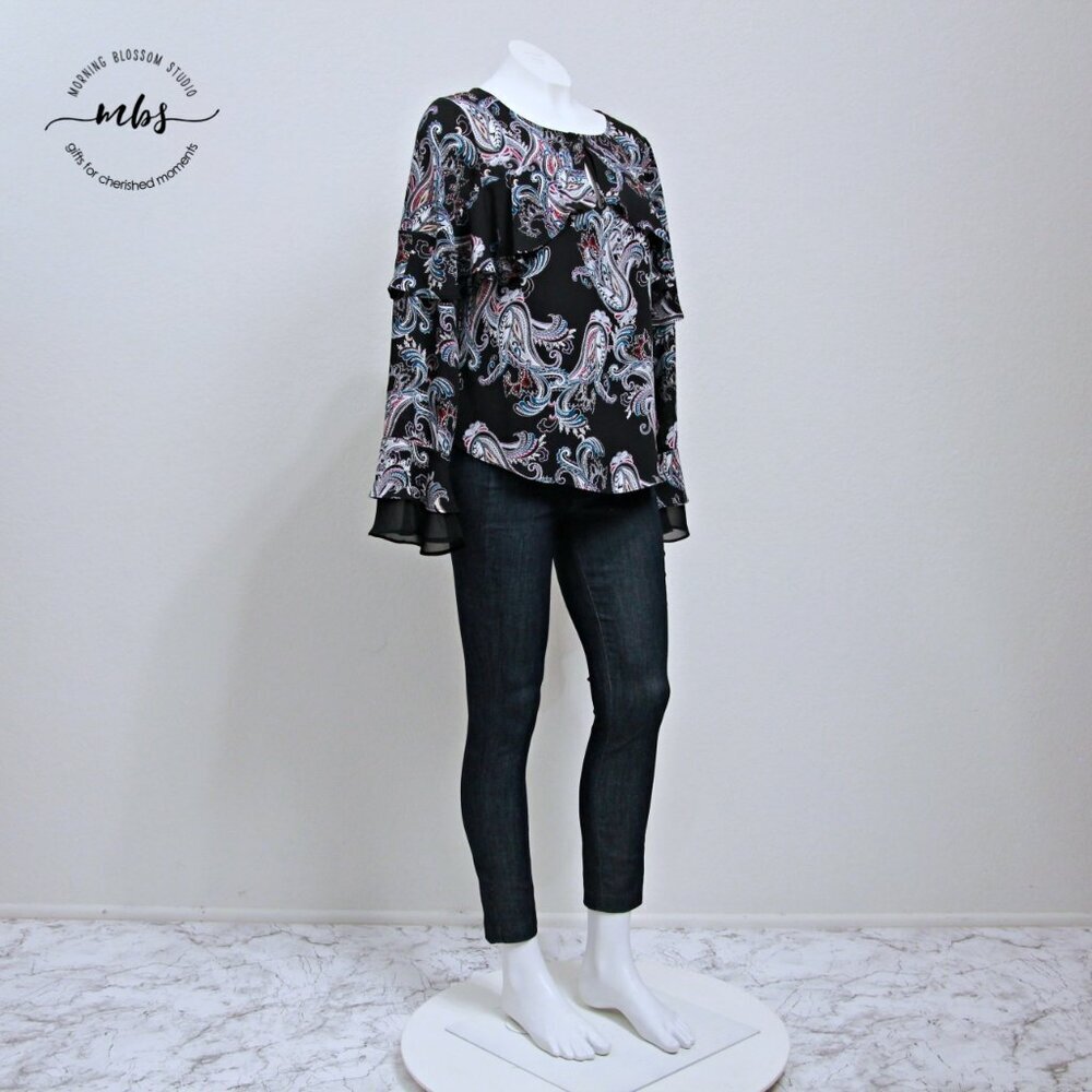 White House Black Market Paisely Ruffle Lined‎ Blouse Multicolor Women Size 8